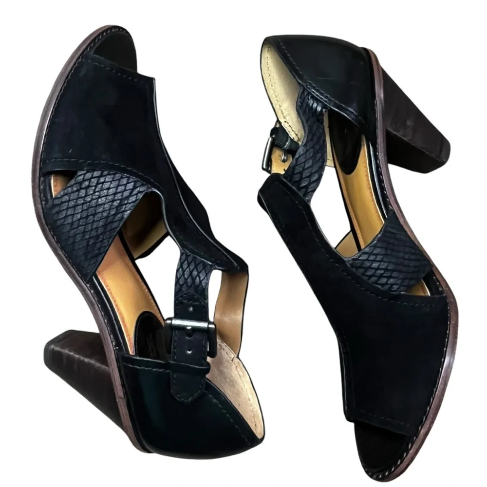 Trask black suede peep toe heels size 10